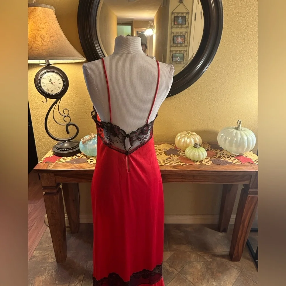 Vintage Red Maxi Slip with Black Lace